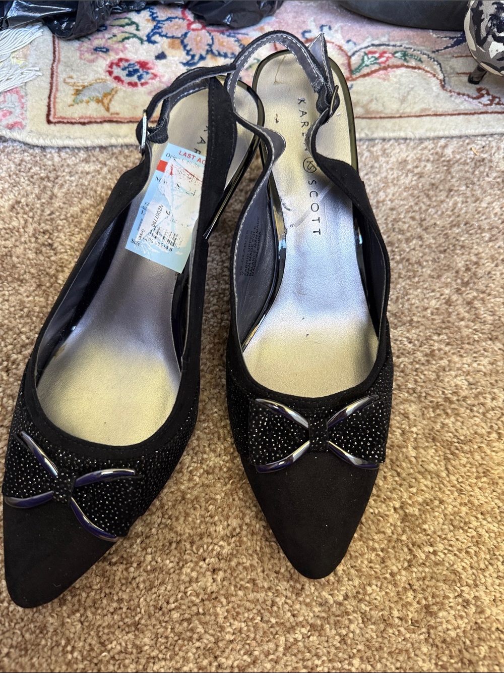 Karen Scott Black Pointed Slingback Flats with Bow Accent